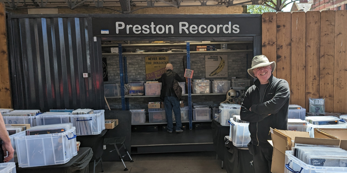Preston Records trader outside Box Market stall Preston Records trader outside Box Market stall