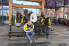 Band sat on Wallace and Gromit bench